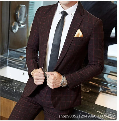 Men's Slim Fit Plaid Wedding Suit Jacket Korean Style Business Casual Single-breasted Suit with Set Wedding Groomsmen Wear