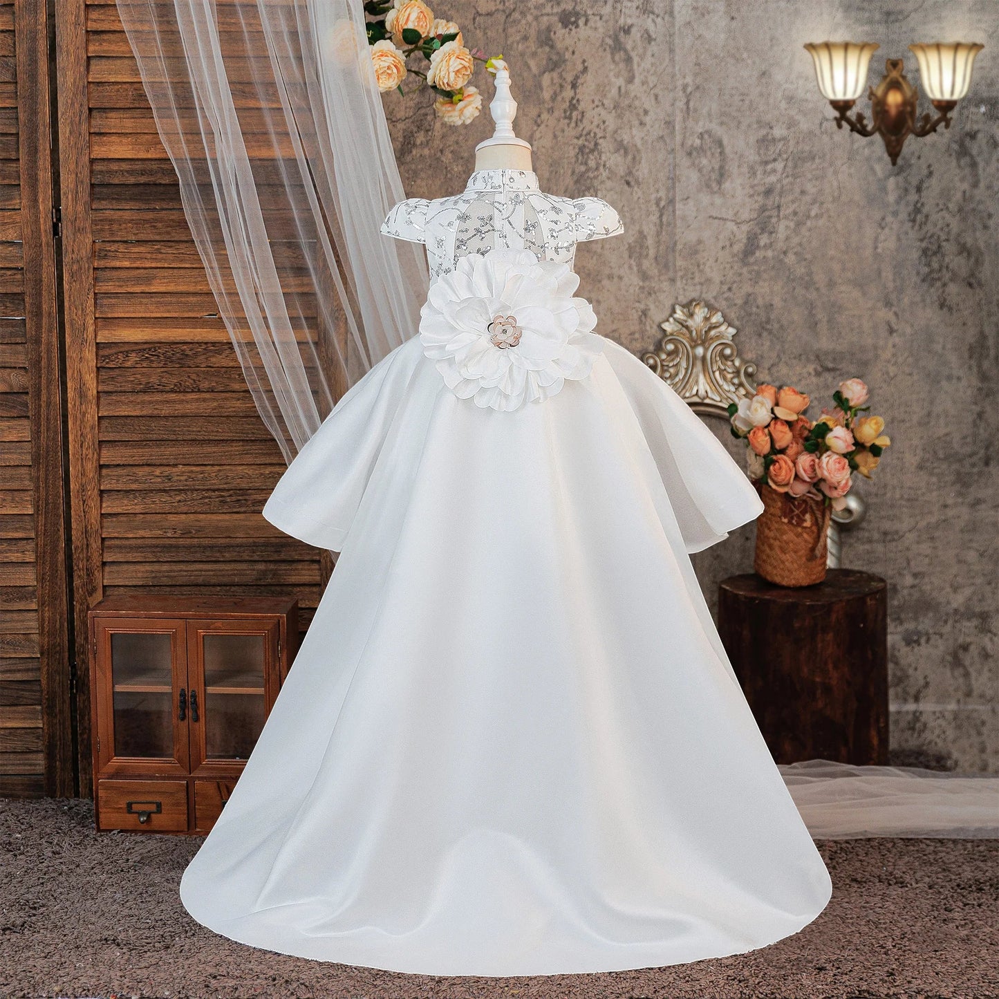 Elegant Big Flower Party Girls Dress Summer Tailed Wedding Bridesmaids Princess Dresses for Girl Birthday Pageant Prom Costumes