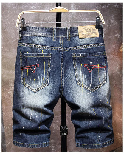 2025 Summer New Fashion Men's Graffiti Ripped Short Jeans Casual Slim Big Hole Retro Style Denim Shorts Male Brand Clothes