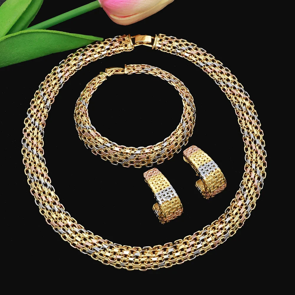 Dubai Luxury Handmade Women Jewelry Set 18k Gold-Plated Chain Necklace Bracelet Stud Earring Full Set Party Wedding Bijoux
