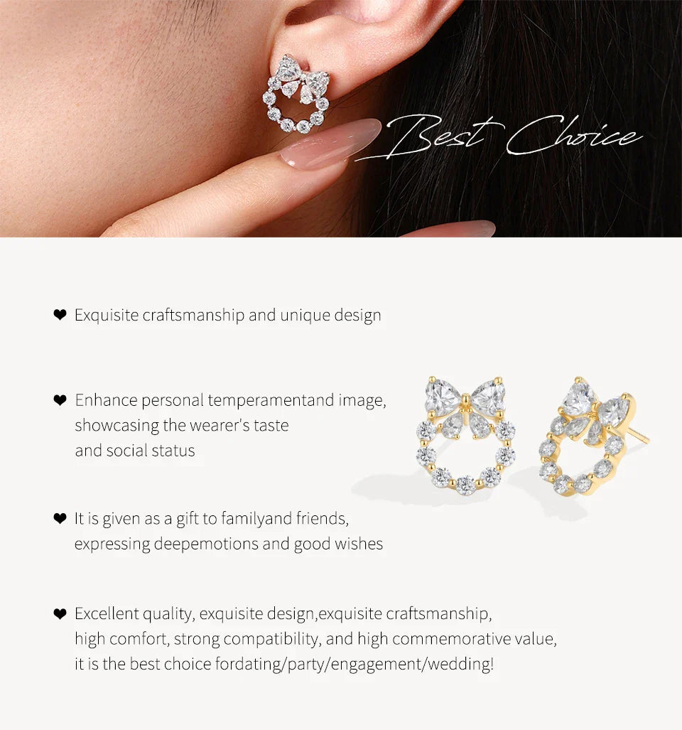 Heart Moissanite Earrings Bow Wreath Design S925 Silver 18k Gold Engagement Jewelry for Women Birthday Gifts Wholesale