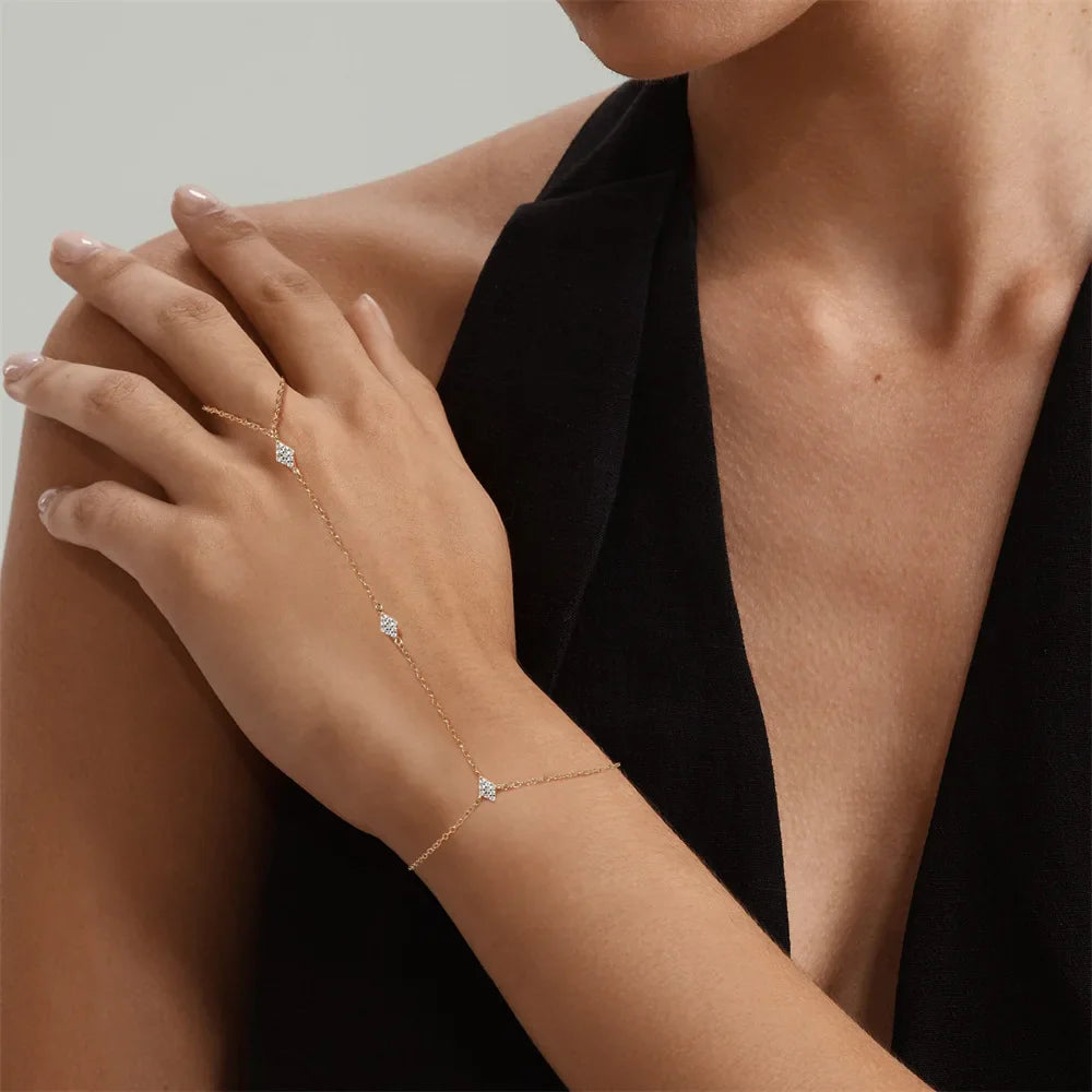 Dainty 5A Zircon Finger Ring Chain Bracelets Flower High Carbon Bracelet for Women Girl Adjustable s925 Silver Jewelry Gift