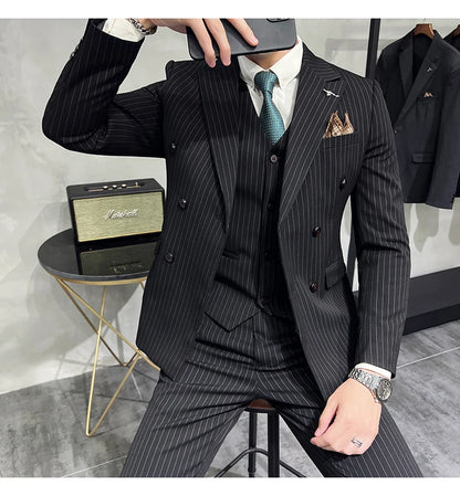 ( Blazer+Vest+Pants ) Groom Wedding Male Suit Luxury Brand Fashion Striped Men's Casual Business Office Double Breasted Suit