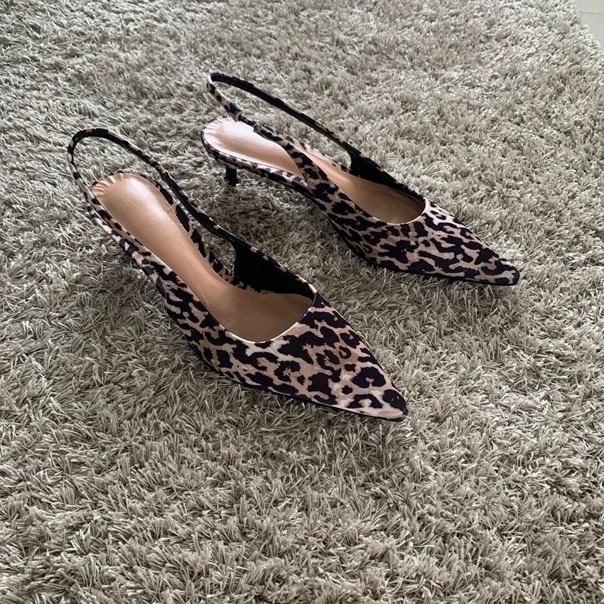 Woman Leopard Print High Heels Women Sandals Summer Fashion Pointed Toe Low-heel Pumps Slingbacks Elegant Female Heeled Shoes