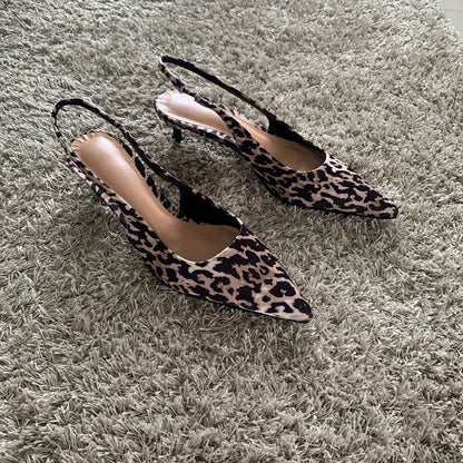 Woman Leopard Print High Heels Women Sandals Summer Fashion Pointed Toe Low-heel Pumps Slingbacks Elegant Female Heeled Shoes