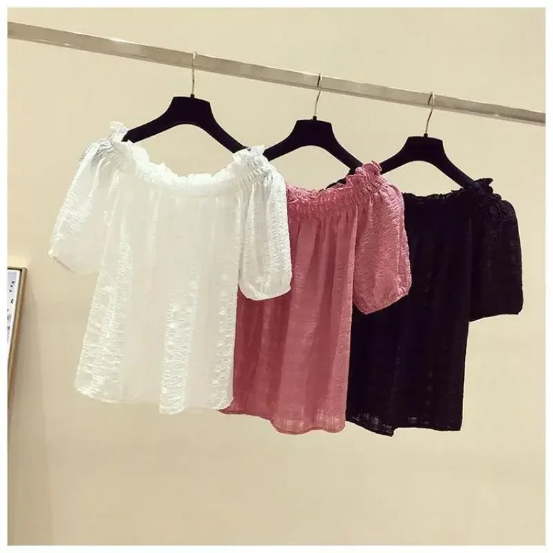 Black casual slash neck puff sleeve chiffon pullover women's blouse shirt female clothing tops fashion short blouses 2025