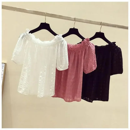 Black casual slash neck puff sleeve chiffon pullover women's blouse shirt female clothing tops fashion short blouses 2025