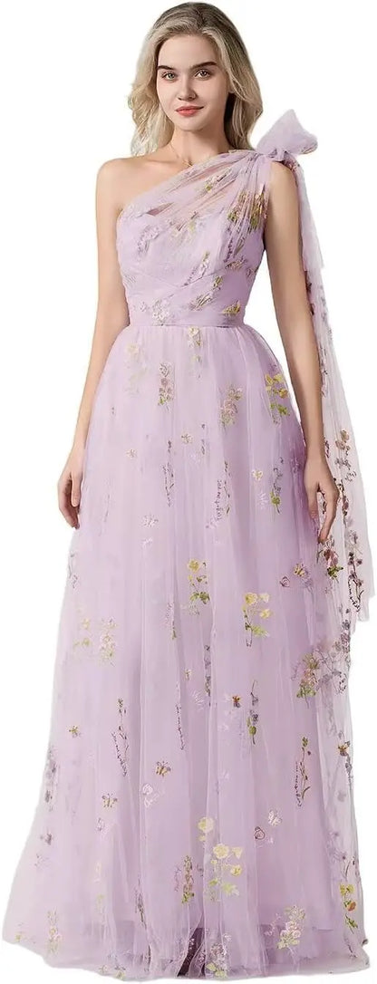 Vestido Longo de Formatura Feminino Elegante de Um Ombro Só com Bordado Floral em Tule, Modelo Godê para Festas de Gala