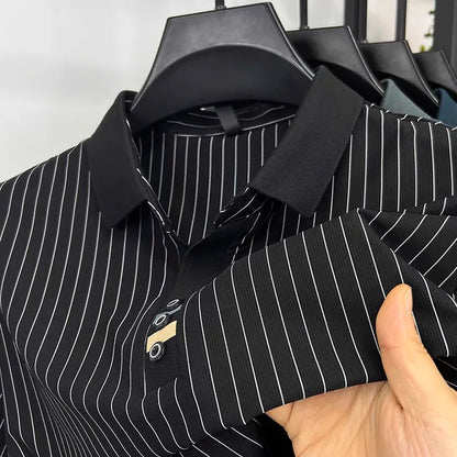 Brand striped design men's short sleeve fashionable polo shirt 2024 summer new cool and breathable casual lapel golf T-shirt