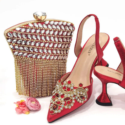 Gold New Shoes For Women Designer Pointed-Toe Luxury Wedding Peach Color Hollowed Out Design Bag and Shoes Matching Set