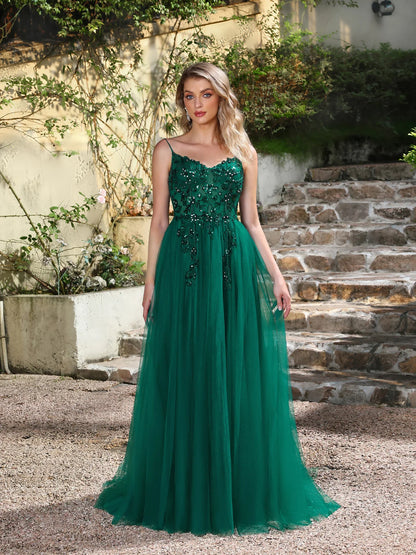 Sequins Lace Green Tulle Prom Dresses 2025 Sexy Spaghetti Straps Side Slit Evening Dress for Wedding Guest Party Dress