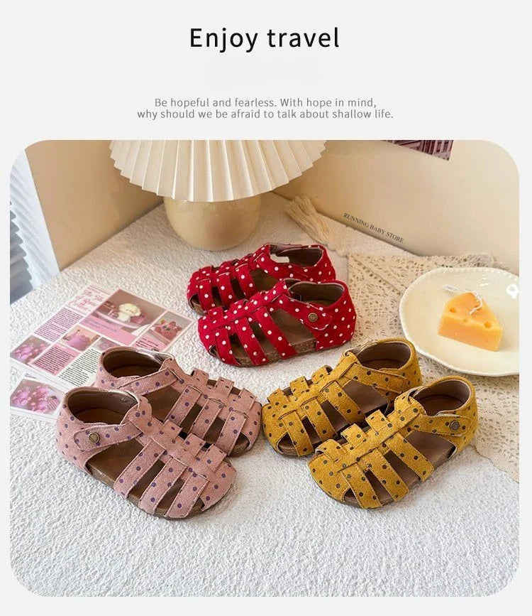 All Over Print Polka Dot Children Sandals for Girls Suede Leather Summer Students Holiday Shoes Girl Daily Shoes Cut-outs I05103