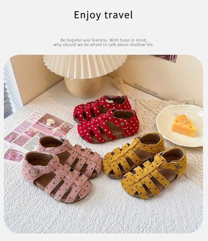 All Over Print Polka Dot Children Sandals for Girls Suede Leather Summer Students Holiday Shoes Girl Daily Shoes Cut-outs I05103