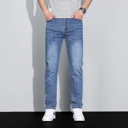 Men's Ice Silk Denim Cargo Pants Summer New Thin Business Casual Jeans Outdoor Y2K All Match Slim Fit Straight Elastic Jean Male