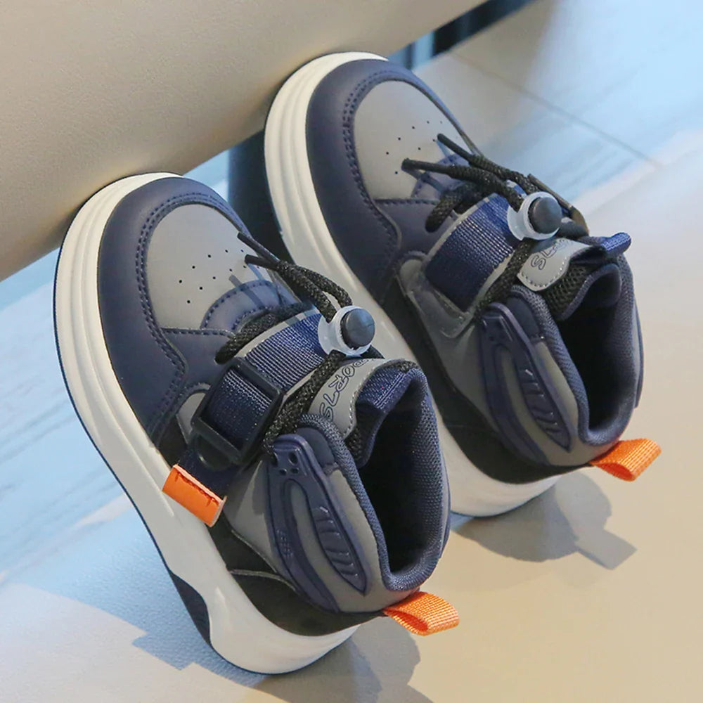 Comfy Kids Boys and Girls Navy Blue and Gray Color-Blocked High-Top Sneakers, Breathable Mesh Surface with Rotating Buckle and Velcro, Wear-Resistant, Grip-Enhancing, Lightweight Children's Shoes, Suitable for Spring and Autu