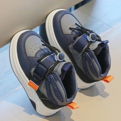 Comfy Kids Boys and Girls Navy Blue and Gray Color-Blocked High-Top Sneakers, Breathable Mesh Surface with Rotating Buckle and Velcro, Wear-Resistant, Grip-Enhancing, Lightweight Children's Shoes, Suitable for Spring and Autu