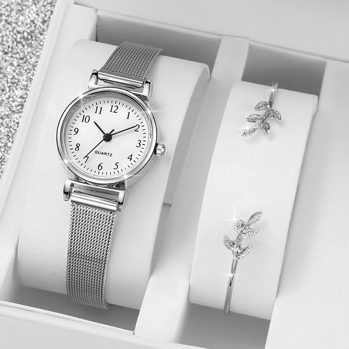 2PCS Fashion Women Quartz Watch Steel Mesh Band Watches Opening Cuff Bracelet Bangle Set（Without Box）