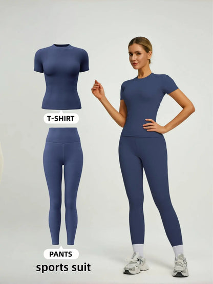 Women's Short Sleeve Sporty Set, High Waist Yoga Pants & T-Shirt Combo, Ideal for Fitness Gym Sculpting Workout