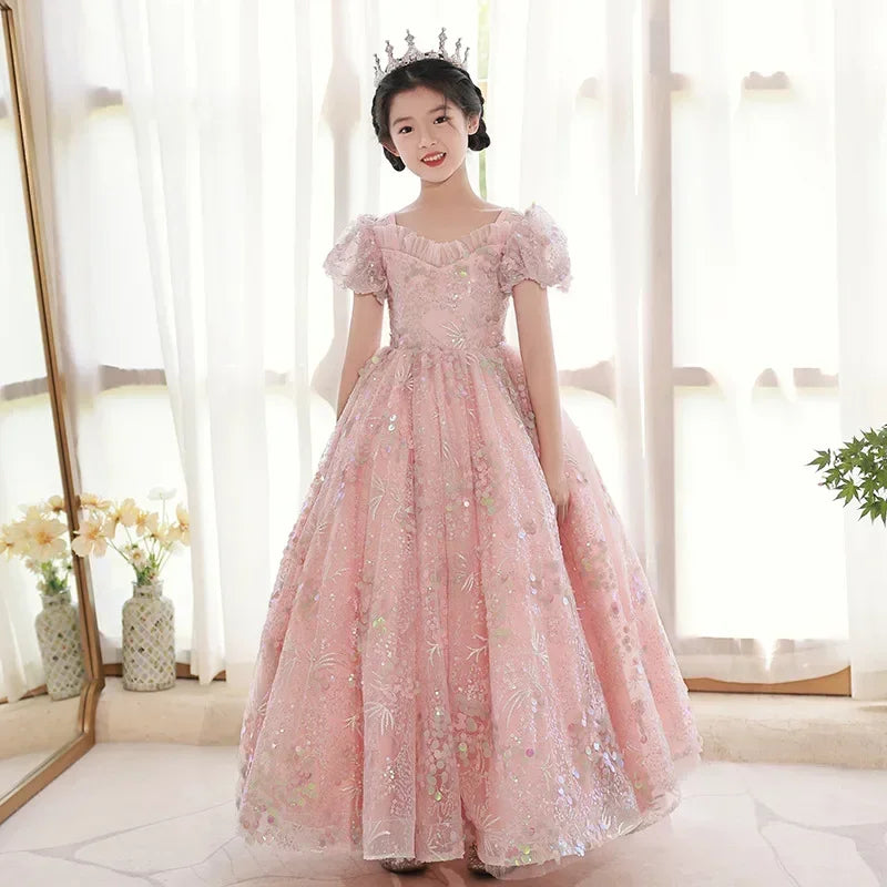 Vestidos de noite infantis bordados de renda, longos vestidos de princesa, vestidos formais elegantes para meninas, vestidos de formatura 3-15 anos, roupas para festa de aniversário