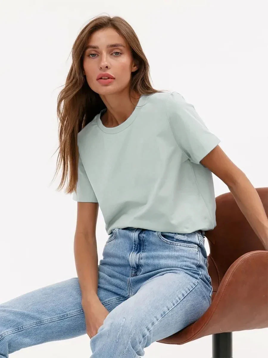 Summer 100% Cotton Women's T-shirt Bottoming Basic Fashionable Solid Lady Short Sleeve Loose Tops Shirts 230g/㎡ Tops