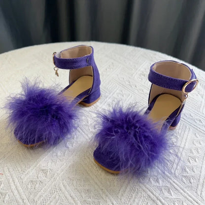 Toddler Girls Sandals Summer Low-heels Children's Sandals Open-toe Princess Fluffy New Versatile Kids Fashion Ankle-strap Shoes