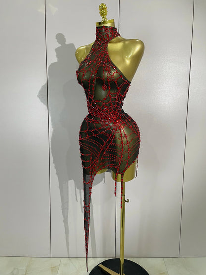 Sparkly Diamond Sexy Mesh Asymmetric Bodycon Mini Dress Women Nightclub Bar Party Show Gogo Dancer Clothing Stage Costume