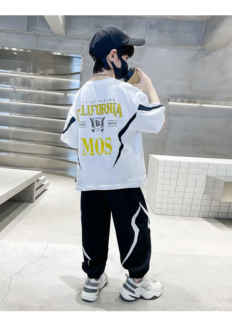 Summer Boys Cotton Alphabet Lightning T-Shirt Tops+Sweatpant School Kids 2PCS Tracksuit Child Jogger Outfit Workout Set 5-14 Yr