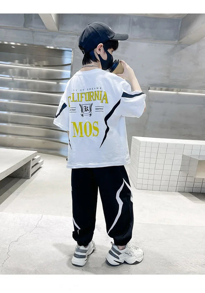 Summer Boys Cotton Alphabet Lightning T-Shirt Tops+Sweatpant School Kids 2PCS Tracksuit Child Jogger Outfit Workout Set 5-14 Yr