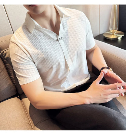 High-Grade Ice Silk Seamless Adhesive Polo Shirt, High-Elastic V-neck Thin Waffle Short-Sleeved Golf Shirt, T-shirt