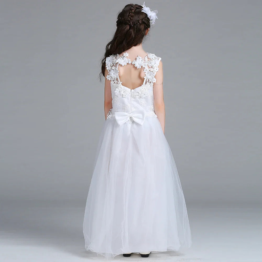 Teen White Lace Bridesmaid Dresses Flower Bow Kids Dress For Girl Ceremony Party Wedding Evening Dress Gown Vestido 10 14 Years