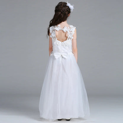 Teen White Lace Bridesmaid Dresses Flower Bow Kids Dress For Girl Ceremony Party Wedding Evening Dress Gown Vestido 10 14 Years
