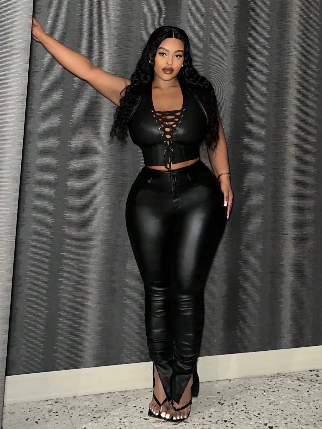 Sexy Leather Crop Top for Women with Hanging Neck Strap Hollow out Belted Waist Tight Strap Vest Large Size European Style