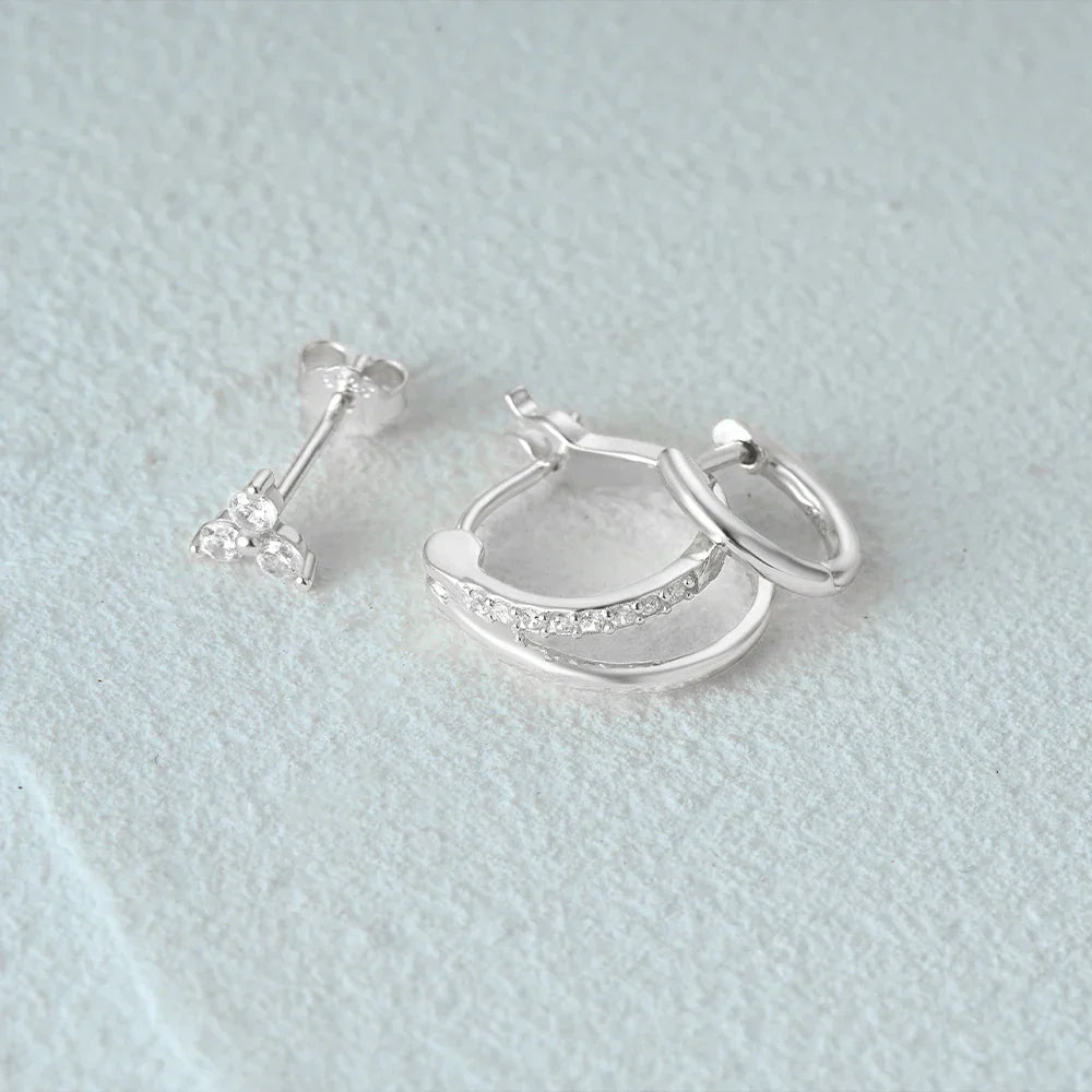 Aide 3pcs Set 925 Sterling Silver Double Gold Hoop Mini Zircon Stud Earrings For Women Hypoallergic Elegant INS Piercing Jewelry