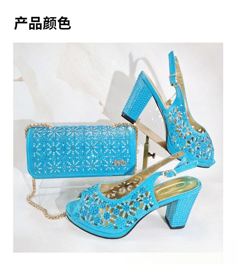 New Italian Design Open Toe Women High Heels for 2025 Elegant Party Wine Color Diamond Pumps Shoes and Bags Matching Set