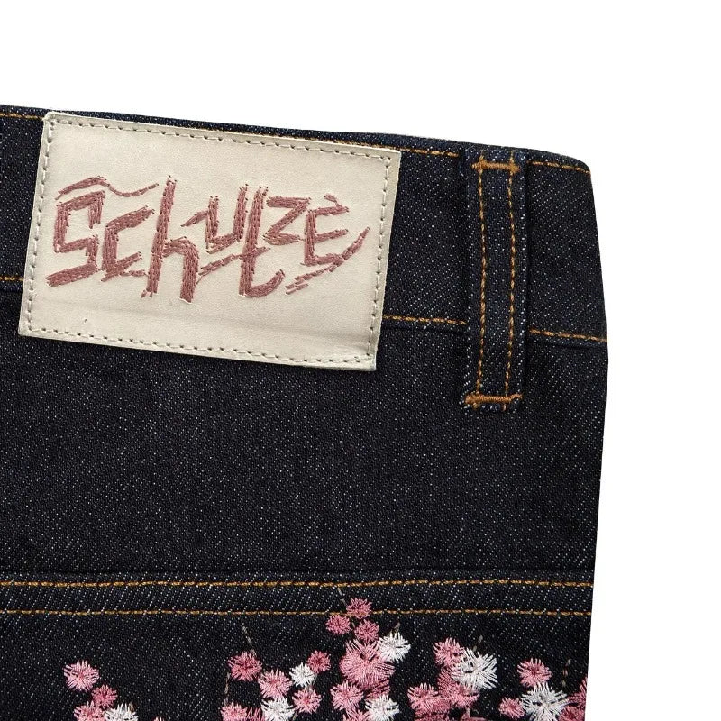 Y2K Harajuku jeans Goth vintage plum blossom embroidery pattern wide leg pants men women denim fabric American style street wear