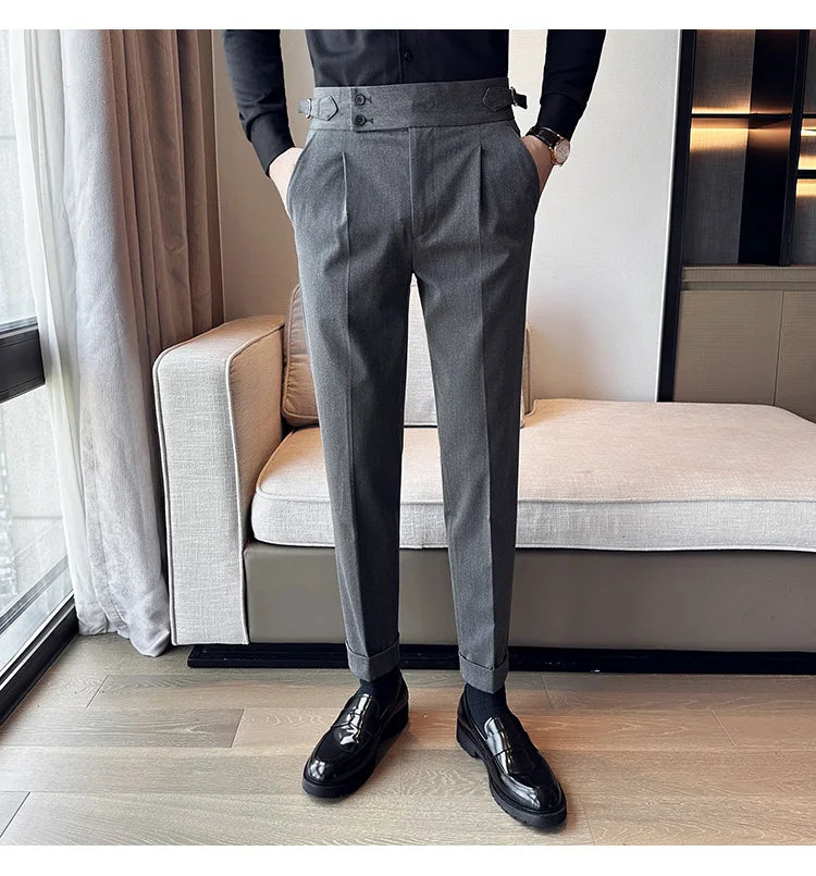 New Spring Autumn High Waist Smart Casual Dress Pants Men Belt Design Slim Suit Pants Formal Wedding Social Party Mens Trousers