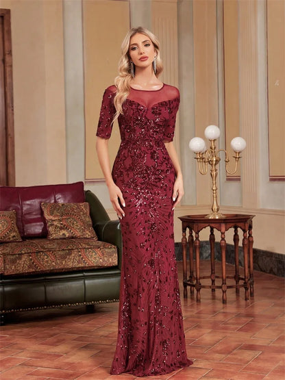 Vestido de Festa Formal Luxuoso com Gola Redonda, Tule e Paetês, Manga Curta, Para Casamento, Baile de Formatura, Coquetel, Sereia, Madrinha