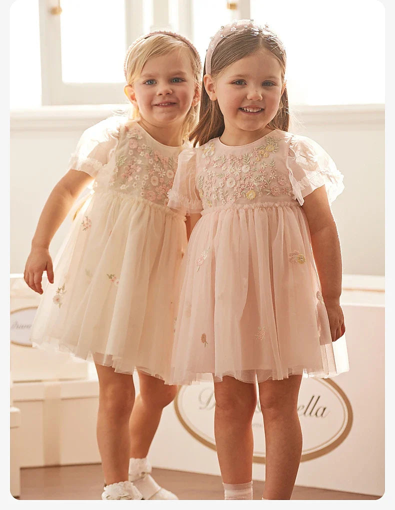 Children's Princess Dress for Girls 2025 New Summer Floral Puff Sleeves Mesh Charm Noble Cute Sweet Party DB2240549