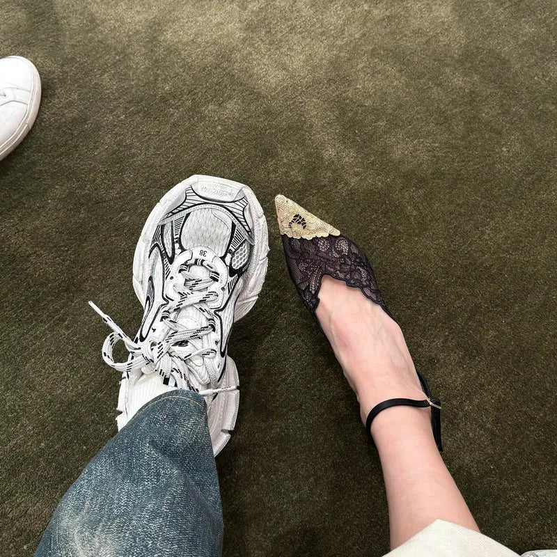 Fashion Lace Sequin Hollow Out Mesh Women Pumps Sexy Pointed Toe Designer Low Heels Slingback Sandals Ladies Shoes