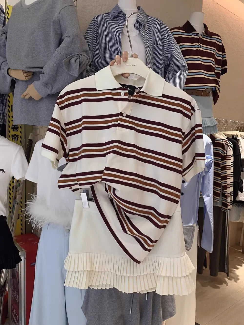 2025 Summer Ladies Polo Shirts Woman Long Sleeve Crop Top Striped Vintage Clothes Polo Shirts Mujer Streetwear Casual Tops Brown