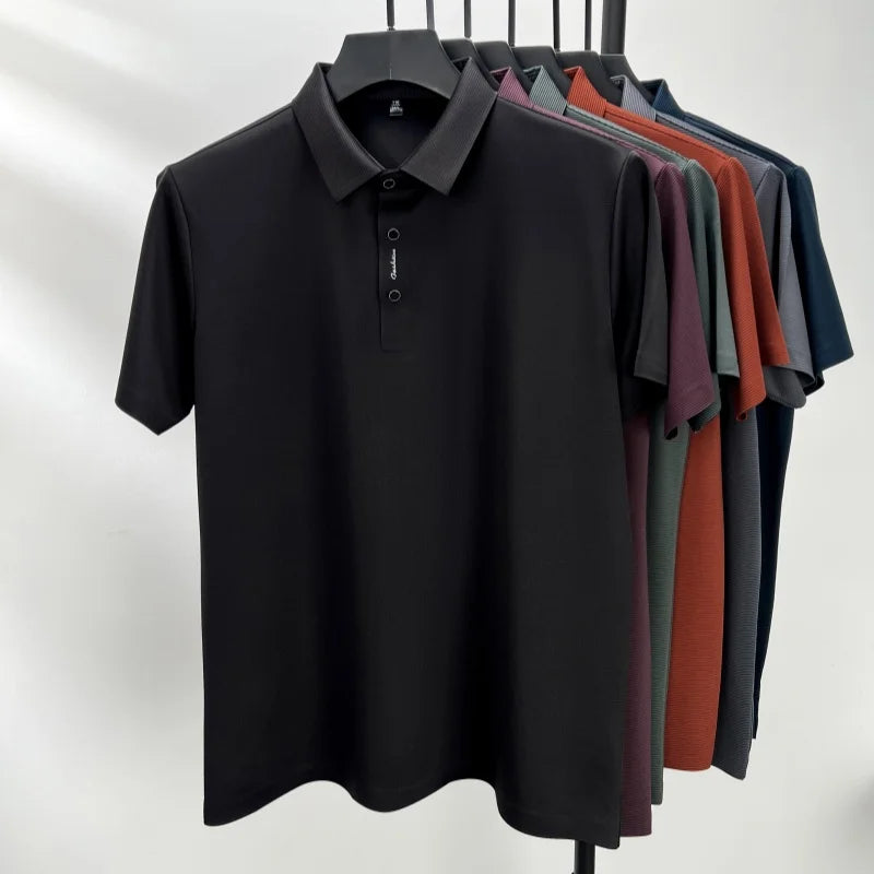 2024 Summer New Short sleeved High end Textured Letter Men's POLO Shirt Comfortable Silk Ice Feel Casual Business lapel T-shirt