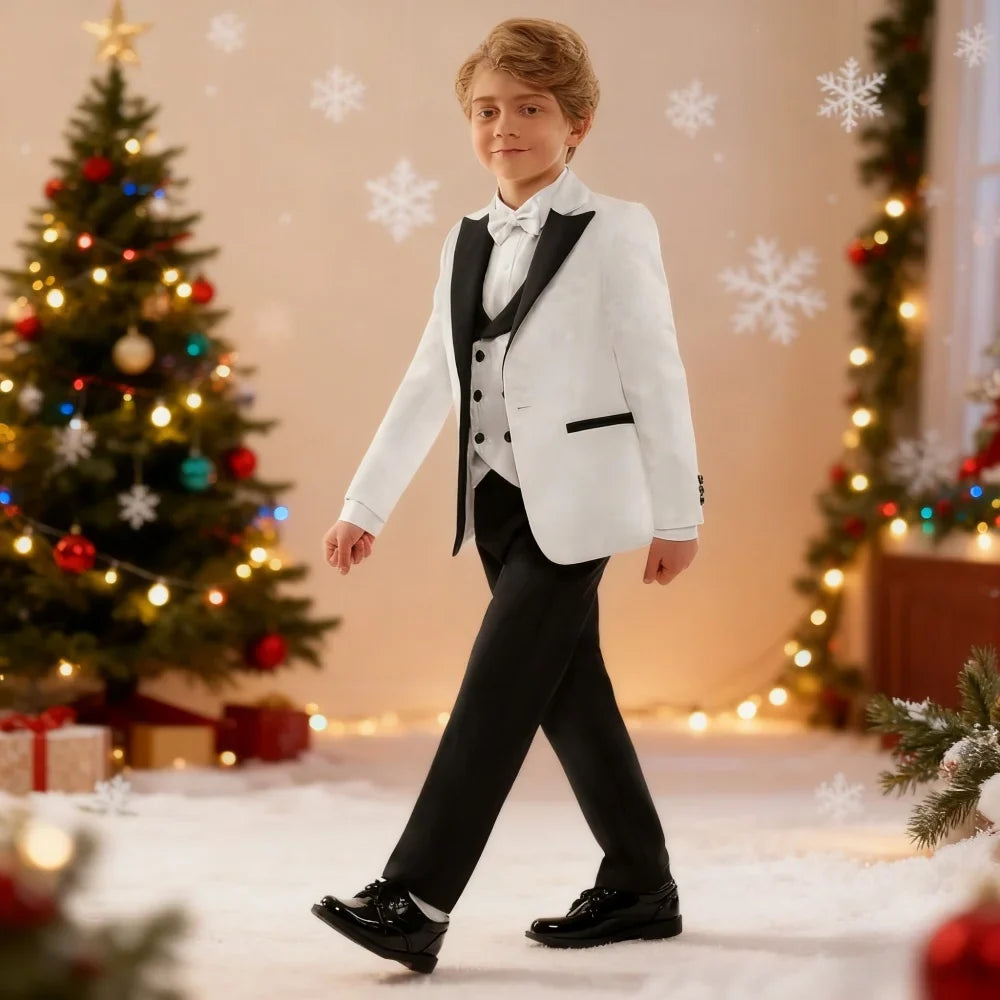 Elegant Textured White and Black Children Formal Suit Flower Boy Tuxedo for Wedding and Birthday Blazer Vest Pants Bow Tie