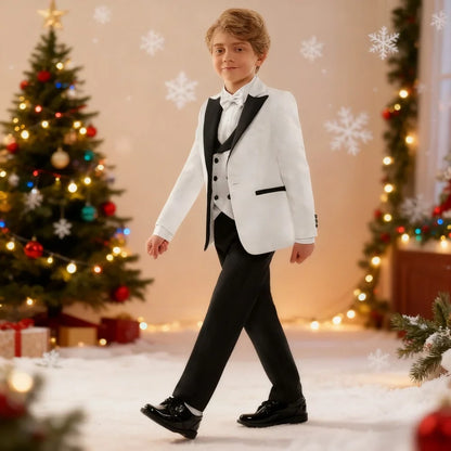 Elegant Textured White and Black Children Formal Suit Flower Boy Tuxedo for Wedding and Birthday Blazer Vest Pants Bow Tie