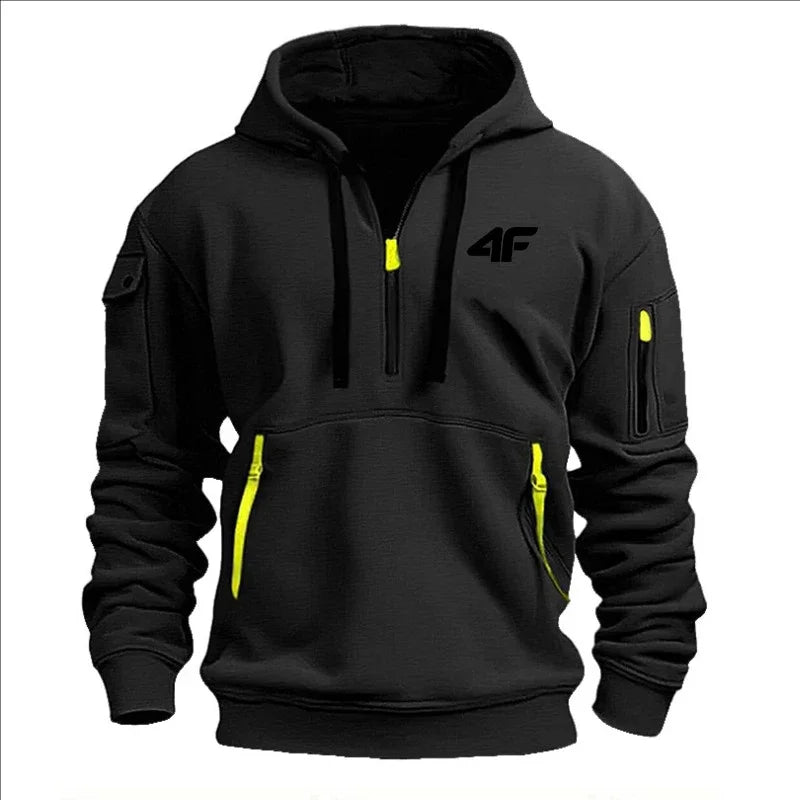 Men's hooded sweater casual sports jumper vintage Harajuku long sleeve zipper multi-pocket casual loose coat Street