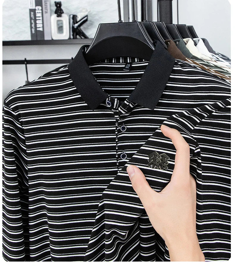 Men's Striped Long Sleeved T-shirt Polo Shirt Button Up Men's Stand Up Collar, Winter Double-sided German Velvet Base Shirt