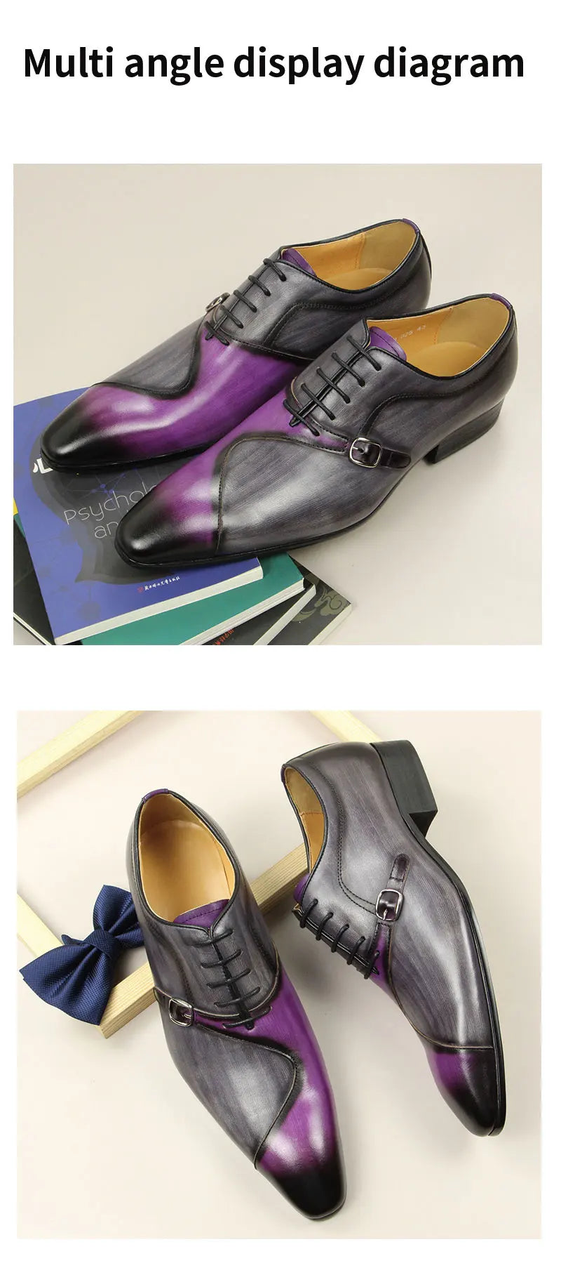 Men Leather Shoes High Quality Oxford Lace Up Side Metal Buckle Gray Purple Color Matching Handmade Business Office Formal Shoes