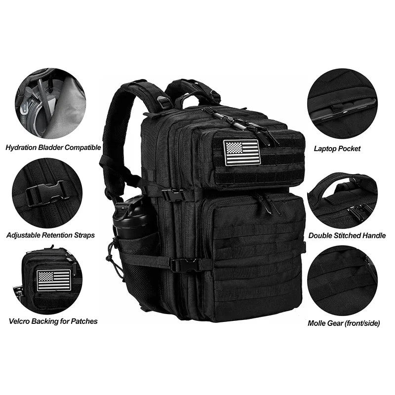 45L/35L/25L Tactical Backpack for Men and Women Waterproof Athlete Gym Outdoor Bag Travel Hiking Rucksack with Bottle Holder