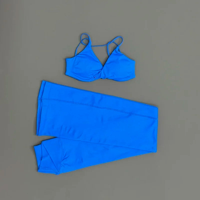 2Pcs Sports Set Women Seamless Front Tie Crossover Bra Crossover Waist Flare Leggings Sets Gym Fitness Workout Sports Sets