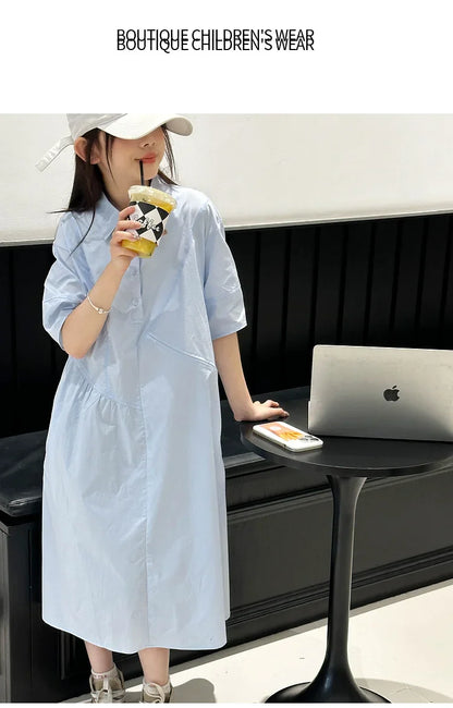 Girls' Dress Short Sleeve Fluffy High-End School Style Medium to Large Sizes Trendy Fashionable, Lightweight