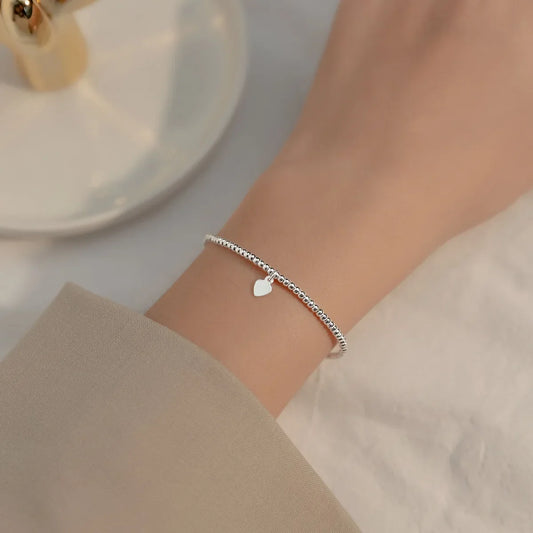 16cm Bracelets For Women Silver 925 Heart Silver Elastic Rope Round Bead Chain Sterling 925 Silver Women's Bracelet